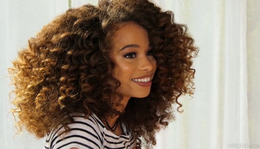 Curly ebony babe Cecelia Lion is fucked by well endowed white stud porn pics