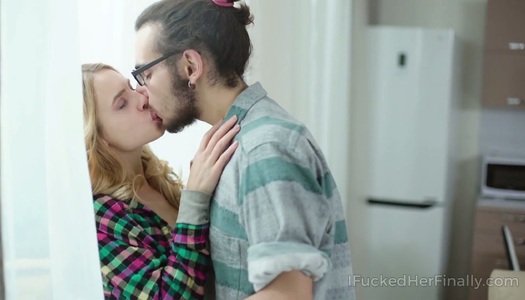 Lovely blond teen is fucked by kinky and nerd dude in glasses porn pics