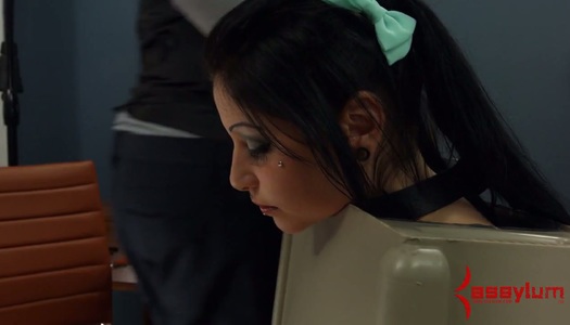 Pervert in mask examines anal hole and fucks face of suspended brunette porn pics