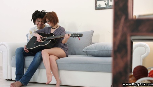 Shy red head in glasses Rebecca Rainbow is fucked by handsome guitar teacher porn pics