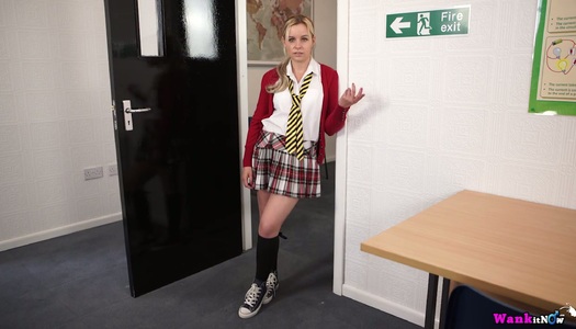 Lustful teen in college uniform Anna Belle shows her booty and boobies porn pics