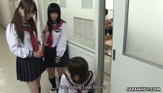 Japanese nympho Kaede Oshiro bangs one geeky dude in the men's room porn pics