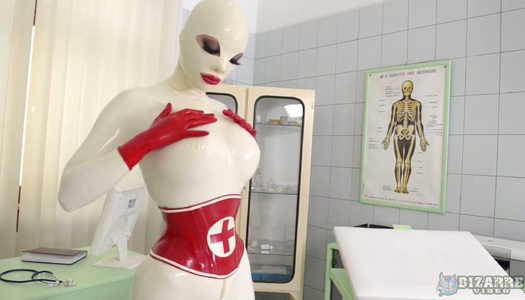 Nurse in latex zipper crotch suit Lucy masturbates pussy and sucks sex toys porn pics