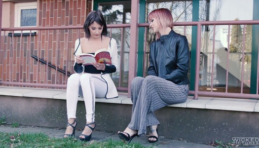 Slutty lesbian Sammie Six is finger fucking girlfriend's pussy doggy style porn pics