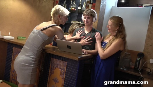 Three sex-crazy mature women fuck handsome lad and make him cum several times porn pics