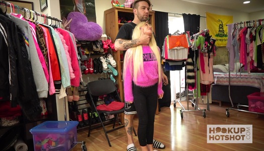 Leggy blond model Chloe is changing her clothes before sex with one stranger porn pics