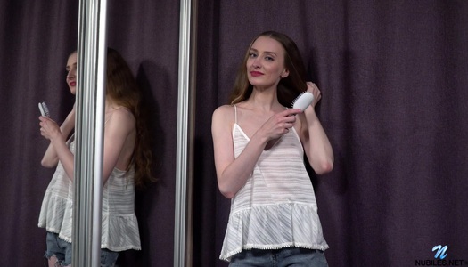 Modest babe Milena Tissen is combing her long hair and masturbating pussy porn pics