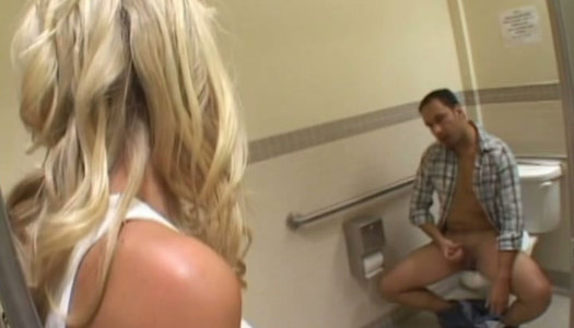 Cheap blonde slut Allison Pierce gives head in men's restroom porn pics