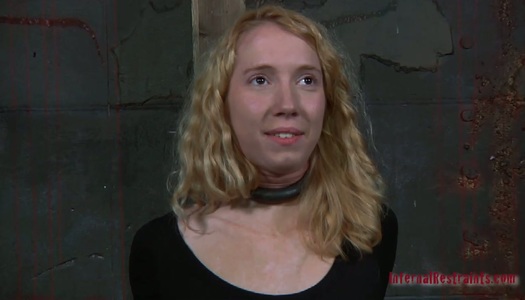 Shiny blondie Nicki Blue sits in the basement all tied up porn pics