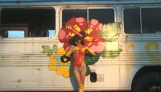 Japanese cutie Rika Sato paints a bus wearing nothing but sexy lingerie porn pics