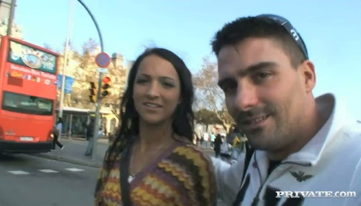 Frisky curly brunette chick Sabrina Sweet flashes her buns outdoors porn pics