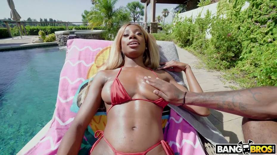 Ebony chick in red bikini Kinsley Karter goes wild on hard black big cock - 3. pic