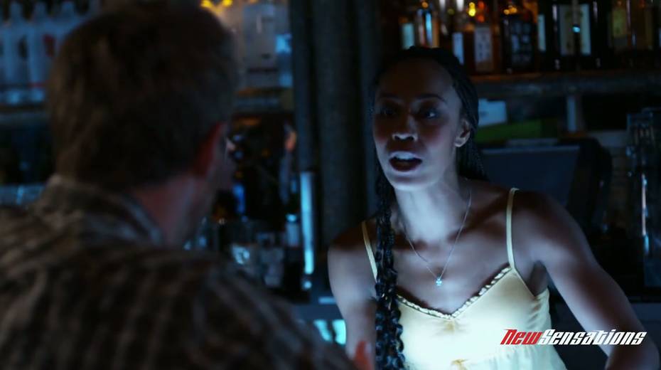 Lewd ebony bartender enjoys sucking a big white cock and balls - 2. pic