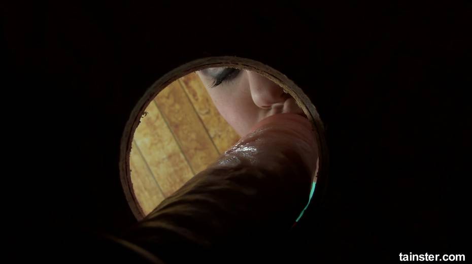 Clothed bitch goes wild in the glory hole room and smears sperm all over her body - 4. pic