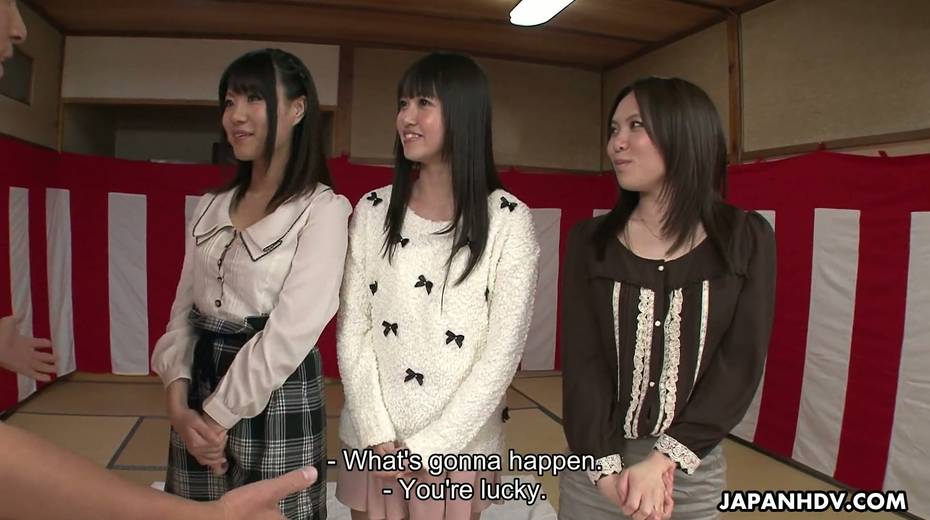 Three Japanese girls gives a blowjob to one horny dude and get their pussies creampied - 2. pic