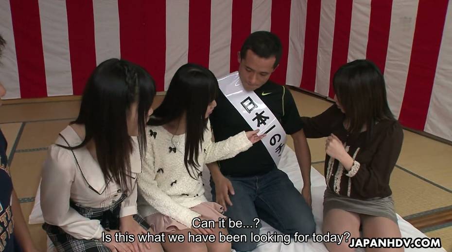 Three Japanese girls gives a blowjob to one horny dude and get their pussies creampied - 3. pic