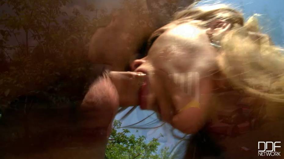 Two hungry dudes mouth fuck filthy blond haired chick outdoors - 15. pic