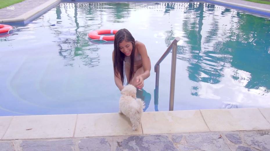 Slender Latin girl Karin Torres takes off bikini and shows off her pussy by the pools side - 13. pic