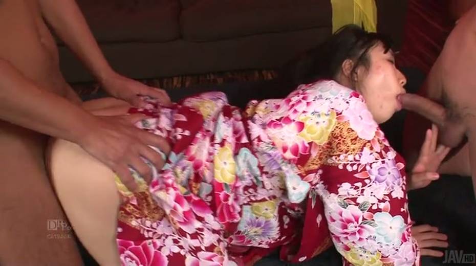 Lewd Japanese chick Chiharu gets spit roasted by two horny men - 10. pic