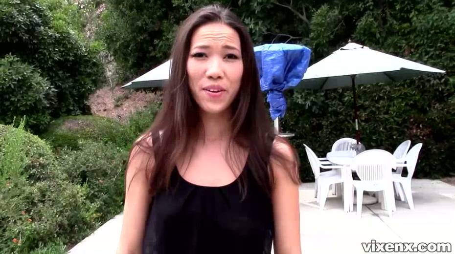 Sexy bosomy Asian brunette gal in black stockings masturbates outdoors - 2. pic