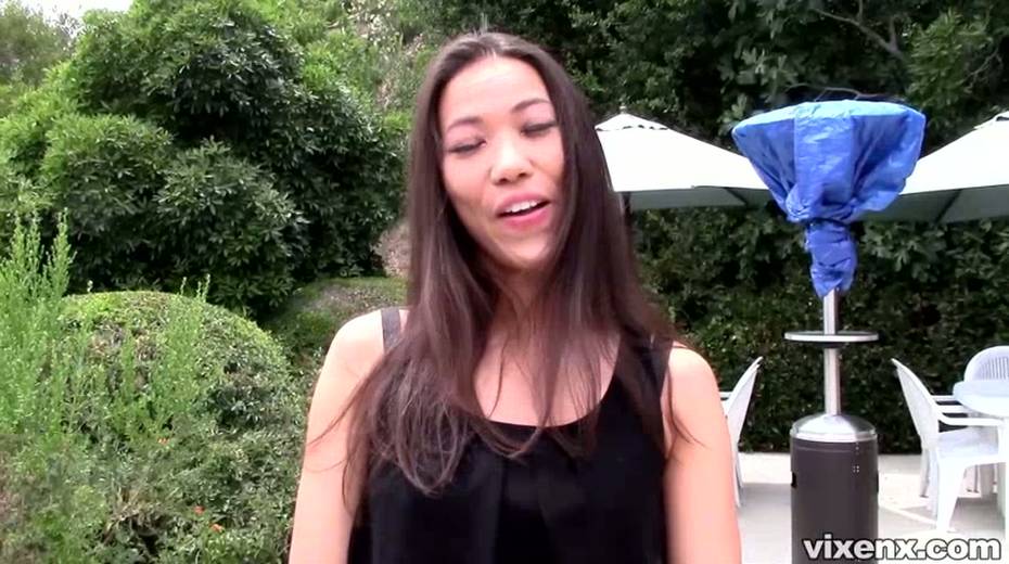 Sexy bosomy Asian brunette gal in black stockings masturbates outdoors - 3. pic