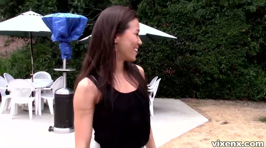 Sexy bosomy Asian brunette gal in black stockings masturbates outdoors - 5. pic