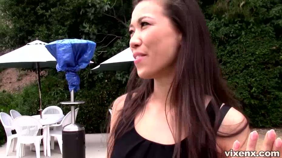 Sexy bosomy Asian brunette gal in black stockings masturbates outdoors - 6. pic