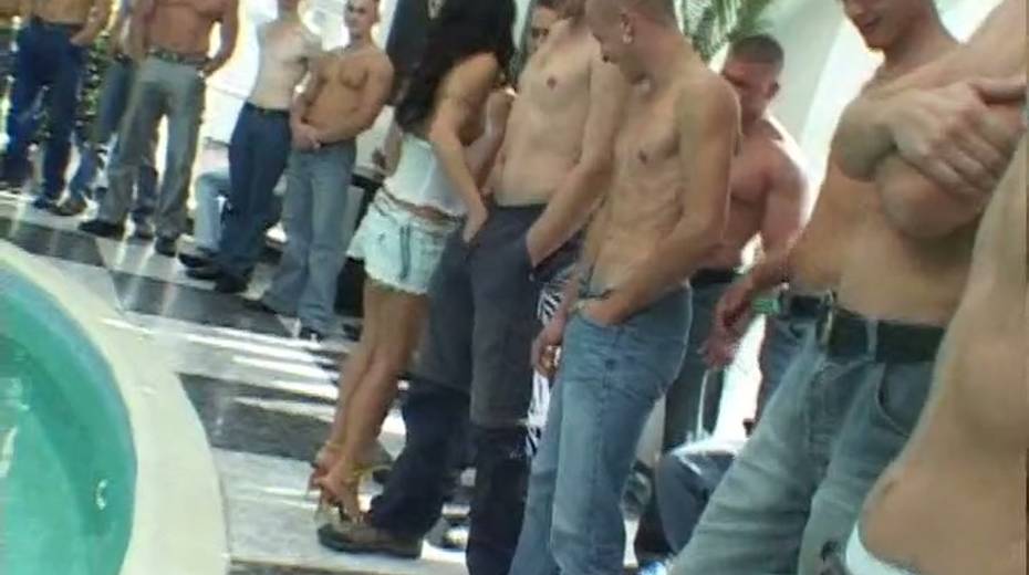 Lustful bitch with jet black hair blows several cocks by the pool - 2. pic