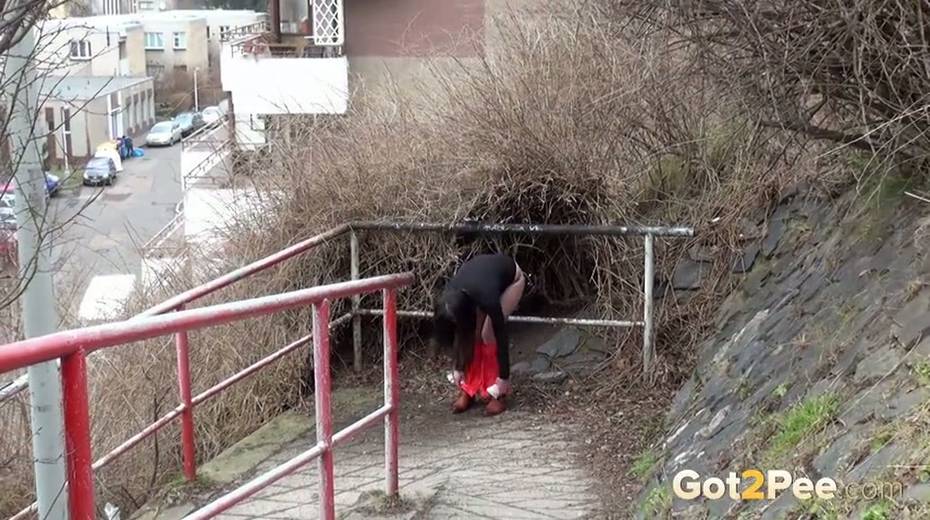 Dark haired nympho pulls down her bright red pants to pee on public path - 13. pic