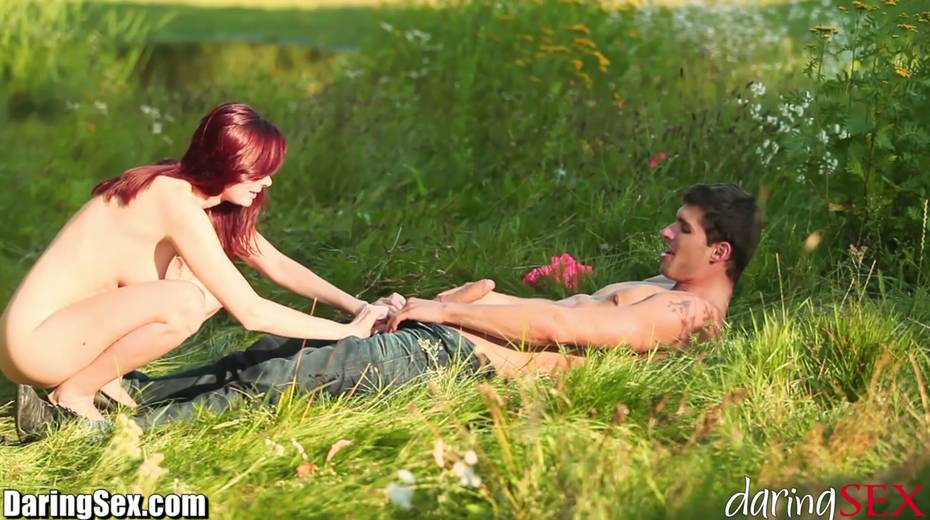 Redhead pale skin teen cutie spreads her legs outdoors - 3. pic
