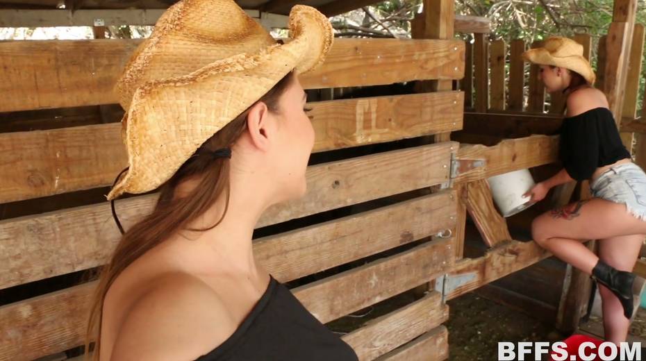Two country lesbians enjoys licking each others muffs in a stable - 3. pic