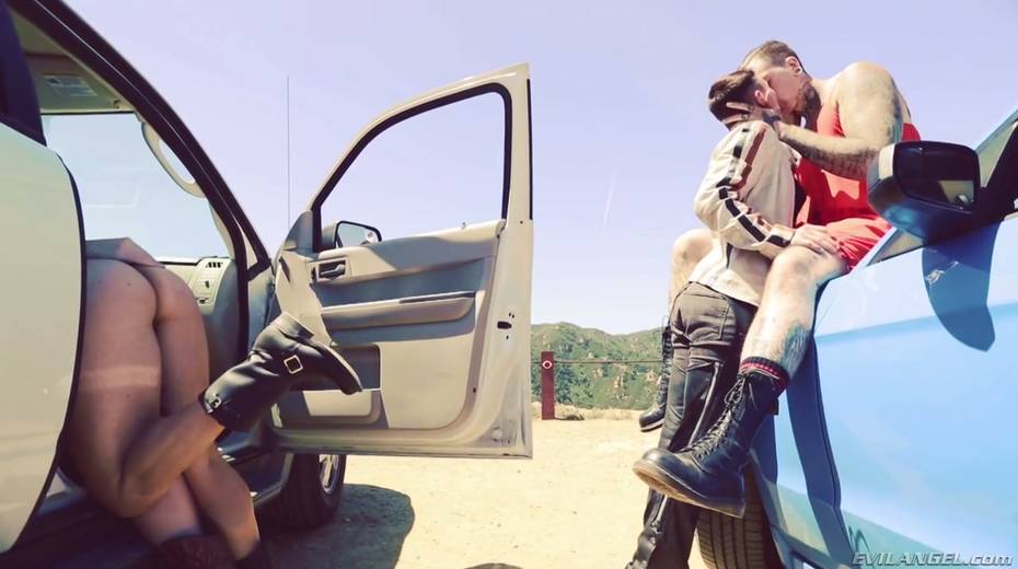 Short haired dyke Jiz Lee is fucked hard by tattooed crossdresser right on the car hood - 3. pic