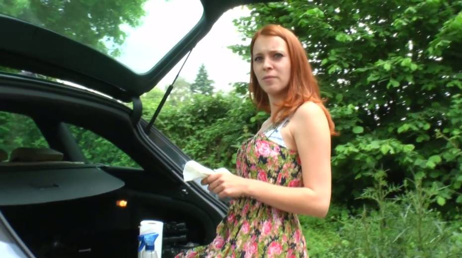 Yummy ginger girlfriend is masturbating her whorish pussy in the trunk - 3. pic