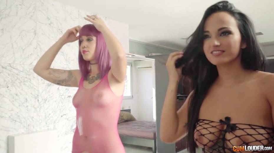 Two bitches wearing fishnet body stockings fuck one hot tempered dude - 2. pic